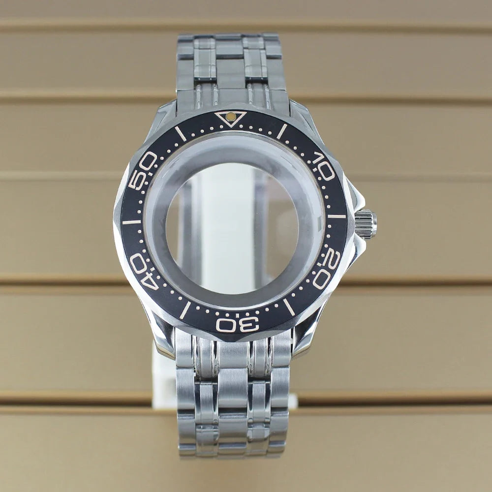 41mm Seamaster Watch Case D03 2 Crown 316L Stainless Steel Sapphire NH34 NH35 NH36/38 Automatic 10Bar Glass back