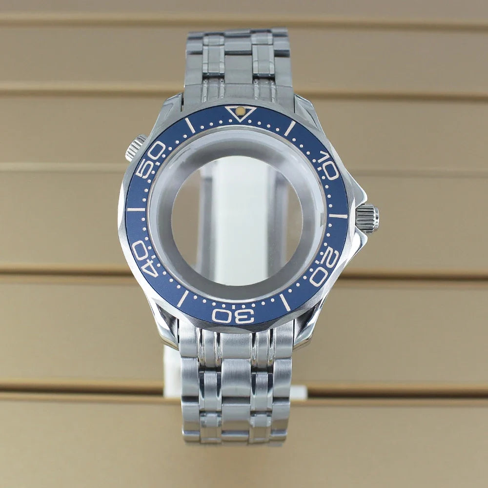 41mm Seamaster Watch Case D03 2 Crown 316L Stainless Steel Sapphire NH34 NH35 NH36/38 Automatic 10Bar Glass back