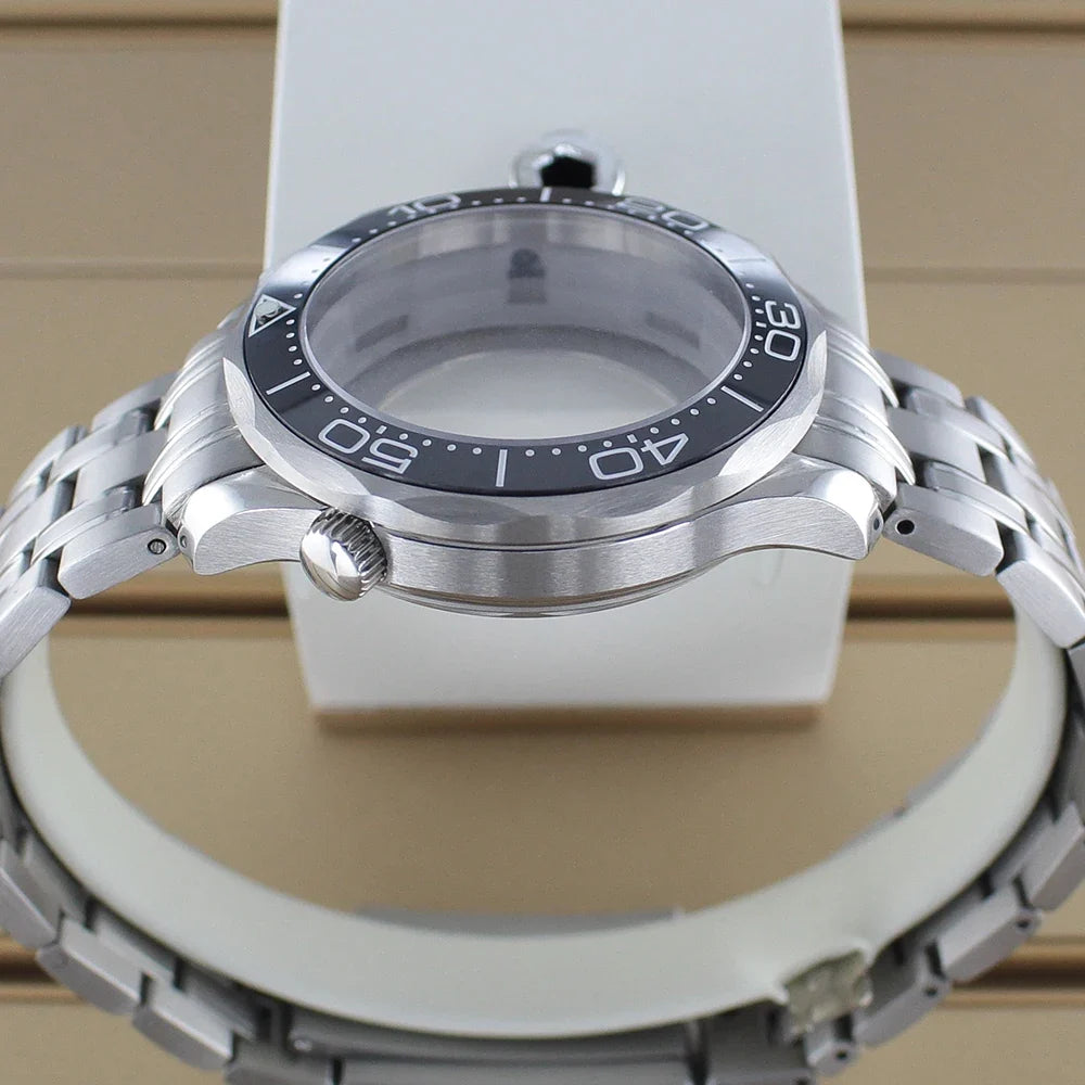 41mm Seamaster Watch Case D03 2 Crown 316L Stainless Steel Sapphire NH34 NH35 NH36/38 Automatic 10Bar Glass back