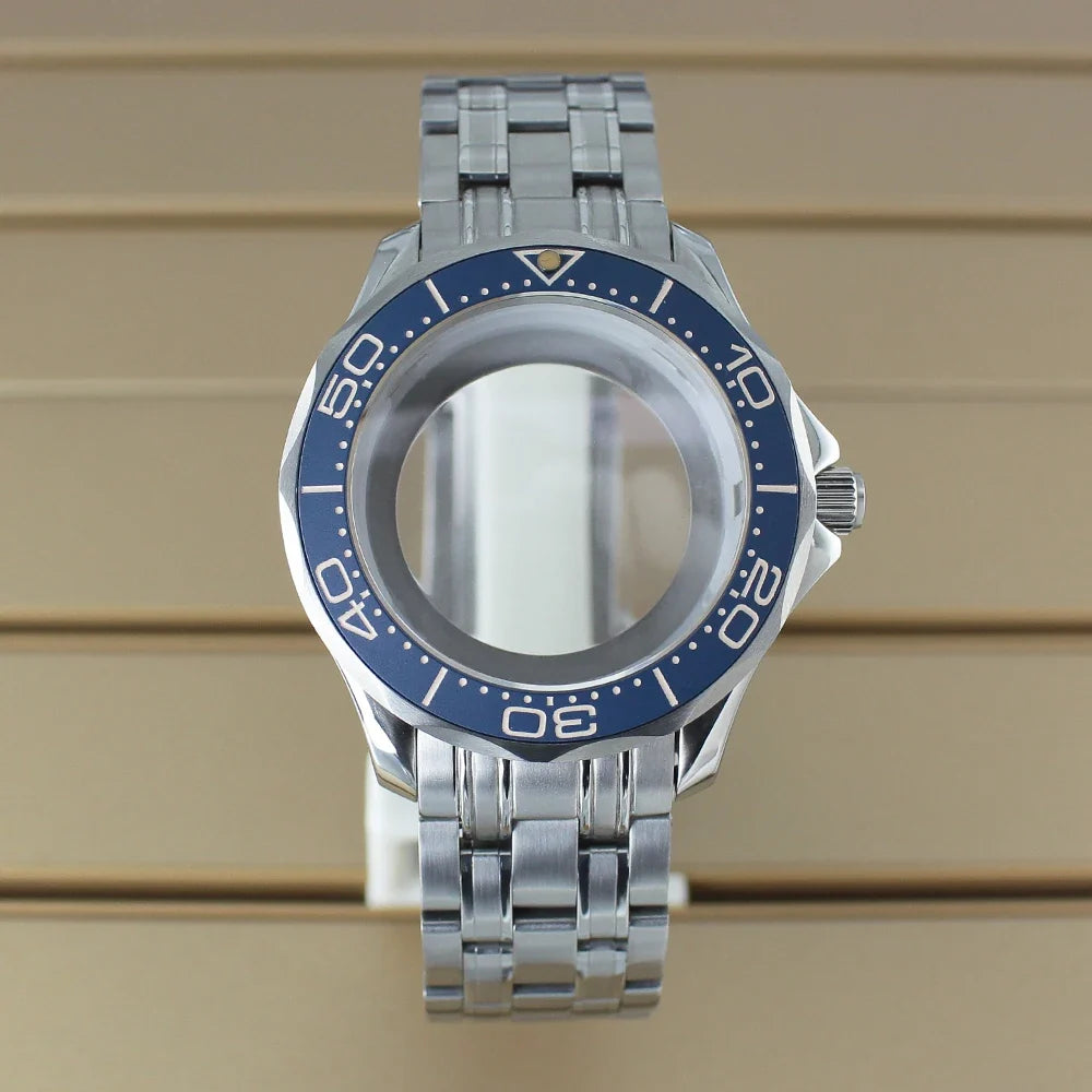 41mm Seamaster Watch Case D03 2 Crown 316L Stainless Steel Sapphire NH34 NH35 NH36/38 Automatic 10Bar Glass back