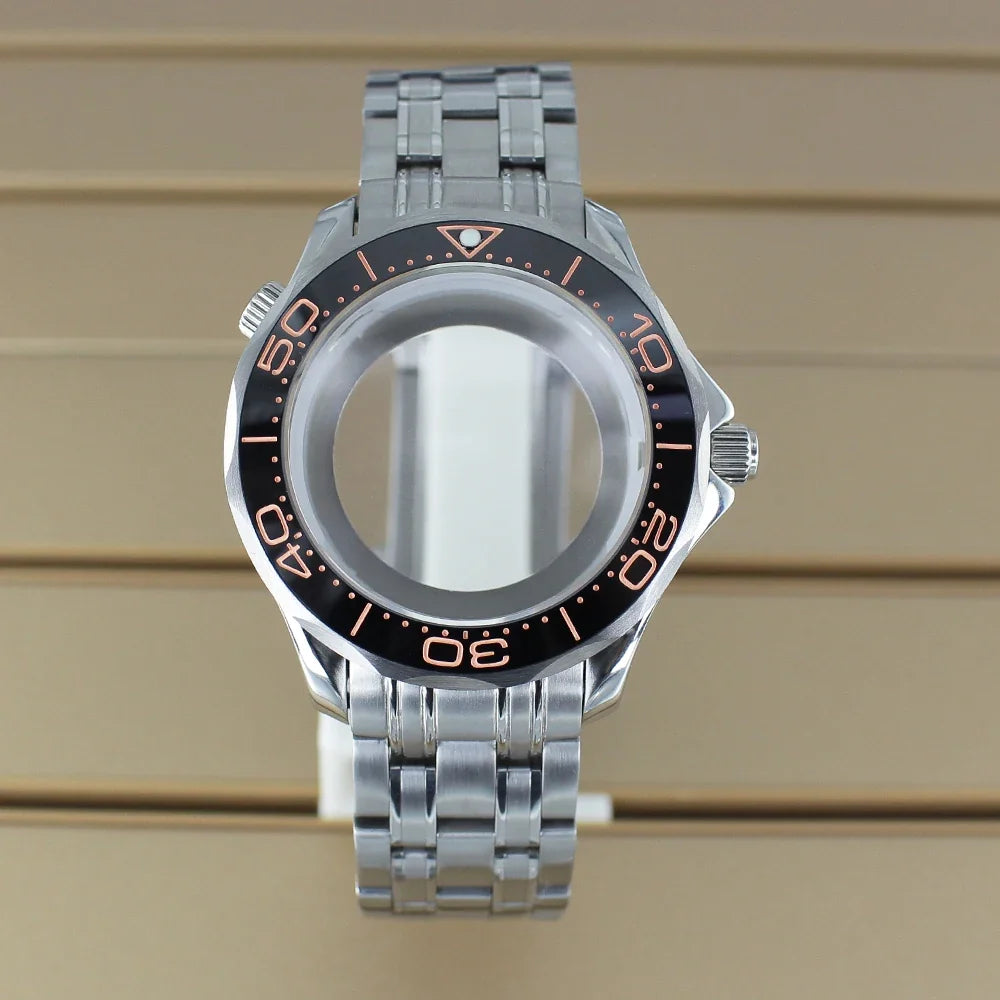 41mm Seamaster Watch Case D03 2 Crown 316L Stainless Steel Sapphire NH34 NH35 NH36/38 Automatic 10Bar Glass back