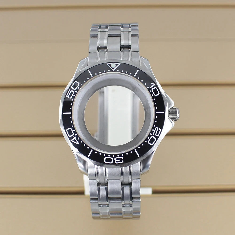 41mm Seamaster Watch Case D03 2 Crown 316L Stainless Steel Sapphire NH34 NH35 NH36/38 Automatic 10Bar Glass back