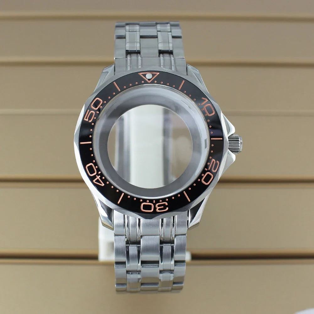 41mm Seamaster Watch Case D03 2 Crown 316L Stainless Steel Sapphire NH34 NH35 NH36/38 Automatic 10Bar Glass back