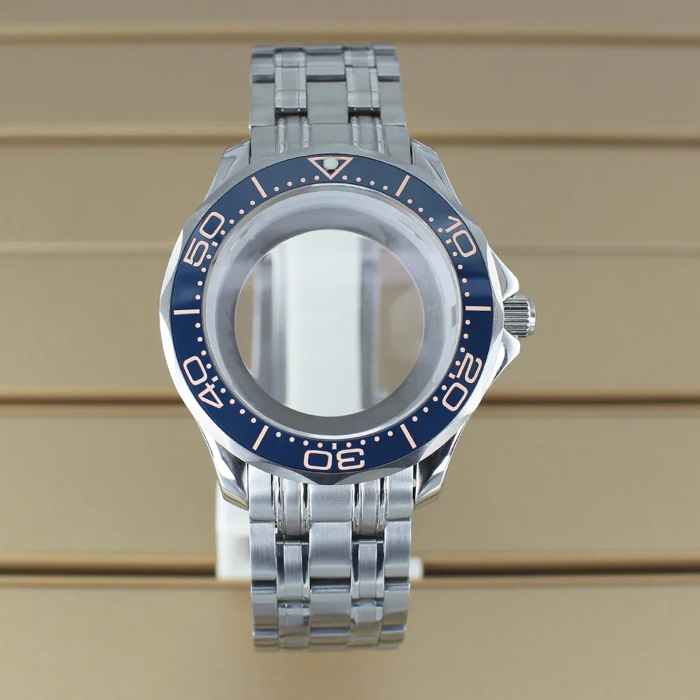 41mm Seamaster Watch Case D03 2 Crown 316L Stainless Steel Sapphire NH34 NH35 NH36/38 Automatic 10Bar Glass back