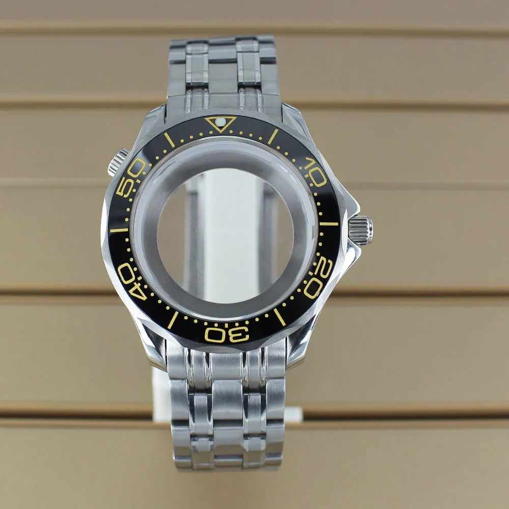 41mm Seamaster Watch Case D03 2 Crown 316L Stainless Steel Sapphire NH34 NH35 NH36/38 Automatic 10Bar Glass back