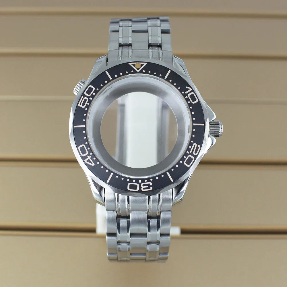 41mm Seamaster Watch Case D03 2 Crown 316L Stainless Steel Sapphire NH34 NH35 NH36/38 Automatic 10Bar Glass back