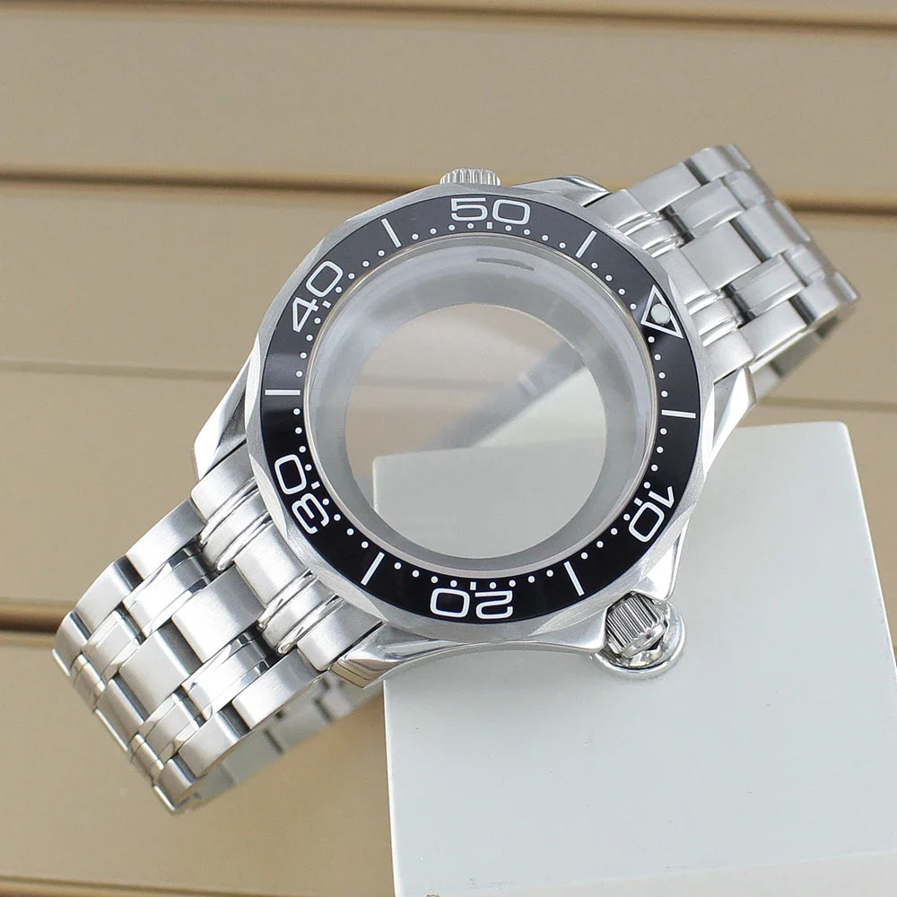 41mm Seamaster Watch Case D03 2 Crown 316L Stainless Steel Sapphire NH34 NH35 NH36/38 Automatic 10Bar Glass back