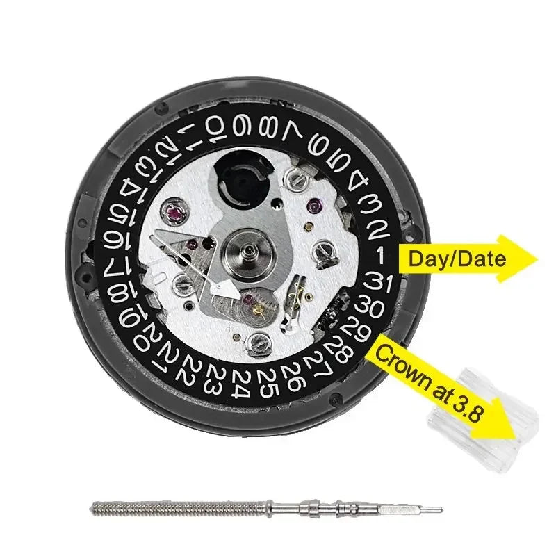 Original Japanese SeikoTMI NH35 Automatic Movement Crown At 3,3.8 and 6 White and Black