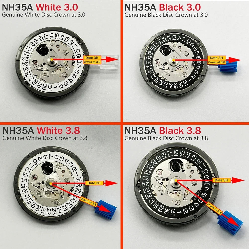 Original Japanese SeikoTMI NH35 Automatic Movement Crown At 3,3.8 and 6 White and Black