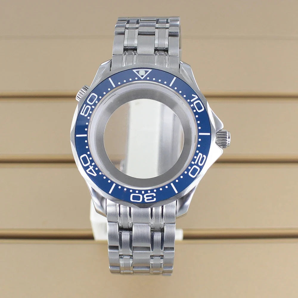 41mm Seamaster Watch Case D03 2 Crown 316L Stainless Steel Sapphire NH34 NH35 NH36/38 Automatic 10Bar Glass back